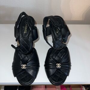 Chanel Black Quilted Leather open toe heels